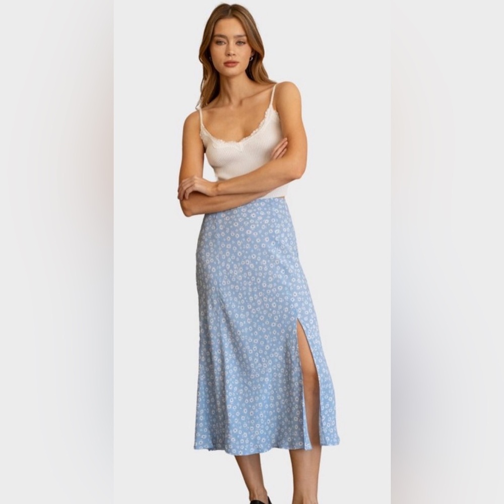 Light Blue Floral Midi Skirt with Side Slit